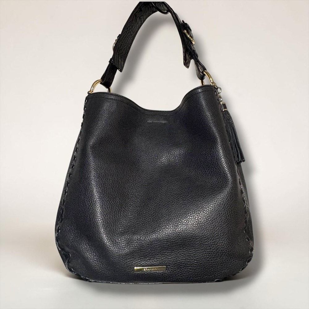 Brahmin Black Pebbled Leather Hobo Bag Croc Embossed Whipstitch Tassel Shoulder
